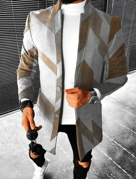 Online OUKU Men's Geometry Winter Coat Overcoat Coat Warm Breathable Comfortable Fashion Streetwear Business Work Wear to work Going out Pocket Print Fall & Winter Turndown Long Sleeve Brown khaki Gray