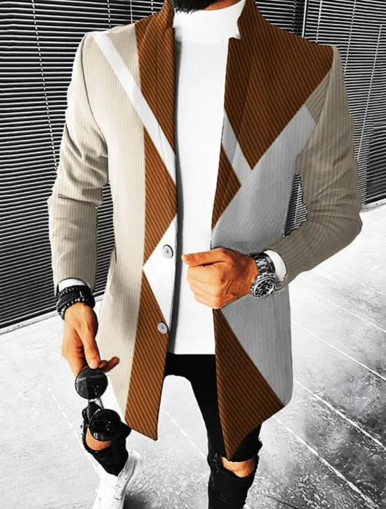 Online OUKU Men's Geometry Winter Coat Overcoat Coat Warm Breathable Comfortable Fashion Streetwear Business Work Wear to work Going out Pocket Print Fall & Winter Turndown Long Sleeve Brown khaki Gray