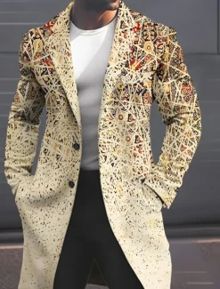 Discount OUKU Men's Geometry Winter Coat Overcoat Coat Warm Breathable Comfortable Fashion Streetwear Business Work Wear to work Going out Pocket Print Fall & Winter Turndown Long Sleeve Yellow Pink Blue