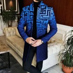 Best OUKU Men's Geometry Winter Coat Overcoat Coat Warm Breathable Comfortable Business Casual Work Wear to work Going out Pocket Print Fall & Winter Stand Collar Long Sleeve Yellow Red Blue