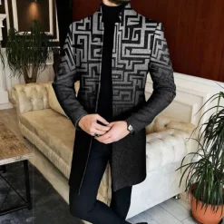 Best OUKU Men's Geometry Winter Coat Overcoat Coat Warm Breathable Comfortable Business Casual Work Wear to work Going out Pocket Print Fall & Winter Stand Collar Long Sleeve Yellow Red Blue