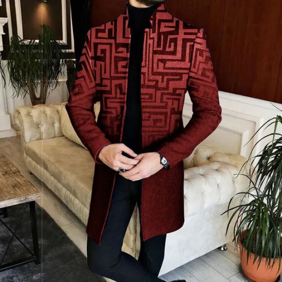 Best OUKU Men's Geometry Winter Coat Overcoat Coat Warm Breathable Comfortable Business Casual Work Wear to work Going out Pocket Print Fall & Winter Stand Collar Long Sleeve Yellow Red Blue