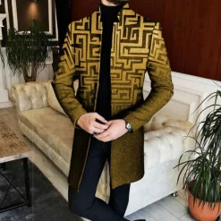 Best OUKU Men's Geometry Winter Coat Overcoat Coat Warm Breathable Comfortable Business Casual Work Wear to work Going out Pocket Print Fall & Winter Stand Collar Long Sleeve Yellow Red Blue