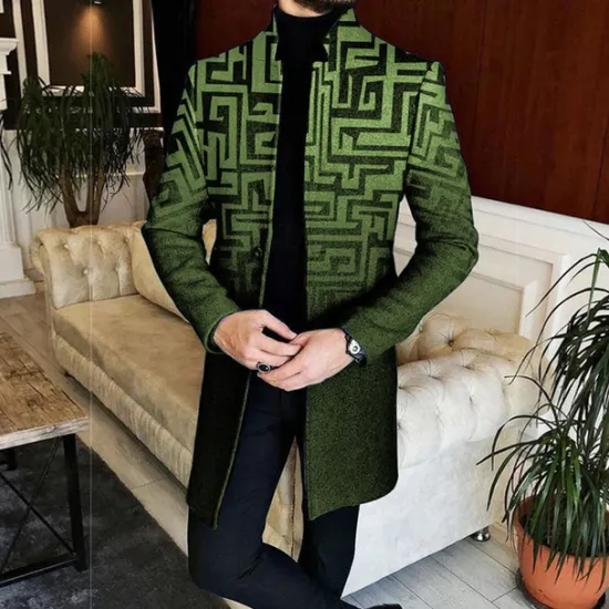 Best OUKU Men's Geometry Winter Coat Overcoat Coat Warm Breathable Comfortable Business Casual Work Wear to work Going out Pocket Print Fall & Winter Stand Collar Long Sleeve Yellow Red Blue