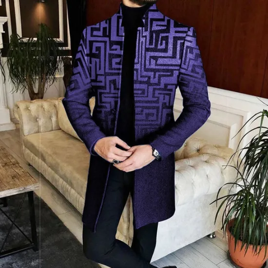 Best OUKU Men's Geometry Winter Coat Overcoat Coat Warm Breathable Comfortable Business Casual Work Wear to work Going out Pocket Print Fall & Winter Stand Collar Long Sleeve Yellow Red Blue