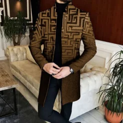 Best OUKU Men's Geometry Winter Coat Overcoat Coat Warm Breathable Comfortable Business Casual Work Wear to work Going out Pocket Print Fall & Winter Stand Collar Long Sleeve Yellow Red Blue