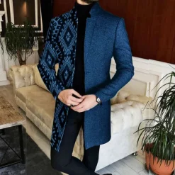 OUKU Men's Geometry Winter Coat Overcoat Coat Warm Breathable Comfortable Vintage Business Work Wear to work Going out Pocket Print Fall & Winter Stand Collar Long Sleeve Black Red Blue