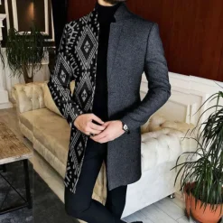 OUKU Men's Geometry Winter Coat Overcoat Coat Warm Breathable Comfortable Vintage Business Work Wear to work Going out Pocket Print Fall & Winter Stand Collar Long Sleeve Black Red Blue