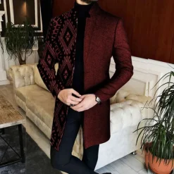 OUKU Men's Geometry Winter Coat Overcoat Coat Warm Breathable Comfortable Vintage Business Work Wear to work Going out Pocket Print Fall & Winter Stand Collar Long Sleeve Black Red Blue