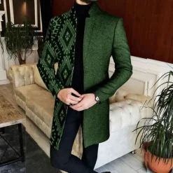 OUKU Men's Geometry Winter Coat Overcoat Coat Warm Breathable Comfortable Vintage Business Work Wear to work Going out Pocket Print Fall & Winter Stand Collar Long Sleeve Black Red Blue