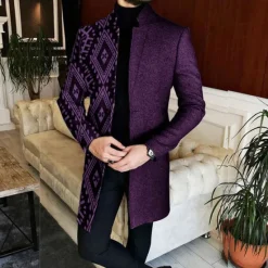 OUKU Men's Geometry Winter Coat Overcoat Coat Warm Breathable Comfortable Vintage Business Work Wear to work Going out Pocket Print Fall & Winter Stand Collar Long Sleeve Black Red Blue