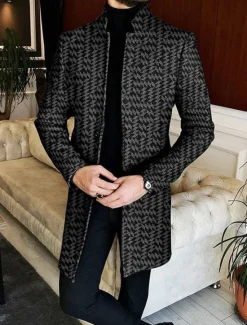 Hot OUKU Men's Geometry Winter Coat Overcoat Coat Warm Breathable Comfortable Business Casual Work Wear to work Going out Pocket Print Fall & Winter Stand Collar Long Sleeve Black Dark Gray Gray