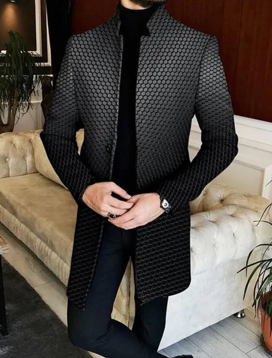 Hot OUKU Men's Geometry Winter Coat Overcoat Coat Warm Breathable Comfortable Business Casual Work Wear to work Going out Pocket Print Fall & Winter Stand Collar Long Sleeve Black Dark Gray Gray