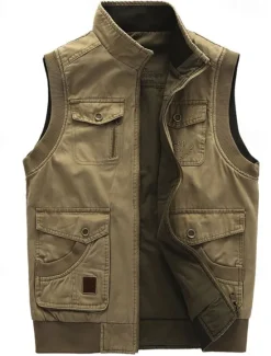 Sale OUKU Men's Gilet Daily Wear Vacation Going out Fashion Casual Spring & Fall Multi Pocket 95% Cotton Comfortable Plain Zipper Stand Collar Regular Fit Army Green Vest khaki