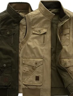 Sale OUKU Men's Gilet Daily Wear Vacation Going out Fashion Casual Spring & Fall Multi Pocket 95% Cotton Comfortable Plain Zipper Stand Collar Regular Fit Army Green Vest khaki