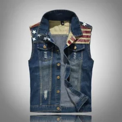 Sale OUKU Men's Gilet Denim Vest Daily Wear Vacation Going out Fashion Basic Spring & Fall Button Pocket Cotton Blend Comfortable National Flag Single Breasted Lapel Regular Fit Vest Blue