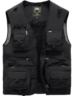 New OUKU Men's Gilet Fishing Vest Hiking Vest Outdoor Street Fishing Racing Sporty Casual Summer Fall Pocket Full Zip Polyester Breathable Solid Color Zipper V Neck Regular Fit Black Army Green Red Navy Blue