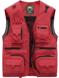 New OUKU Men's Gilet Fishing Vest Hiking Vest Outdoor Street Fishing Racing Sporty Casual Summer Fall Pocket Full Zip Polyester Breathable Solid Color Zipper V Neck Regular Fit Black Army Green Red Navy Blue
