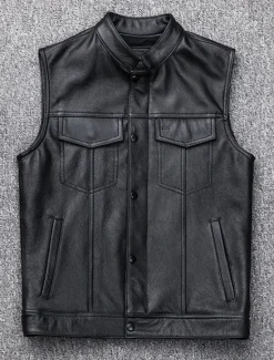 OUKU Men's Gilet Leather Vest Outdoor Daily Wear Vacation Going out Fashion Basic Fall & Winter Zipper Pocket Faux Leather Warm Plain Zipper Standing Collar Regular Fit Vest Black