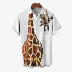 Hot OUKU Men's Giraffe Casual Shirt Button Up Shirt Short Sleeve Ugly Casual Causal Casual Summer Spring Button Up Pocket White
