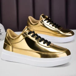 Clearance OUKU Men's Gold Metallic Low-Top Sneakers – Stylish Lace-Up Shoes with White Non-Slip Sole for Casual and Party Wear