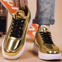 Clearance OUKU Men's Gold Metallic Low-Top Sneakers – Stylish Lace-Up Shoes with White Non-Slip Sole for Casual and Party Wear