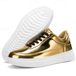 Clearance OUKU Men's Gold Metallic Low-Top Sneakers – Stylish Lace-Up Shoes with White Non-Slip Sole for Casual and Party Wear