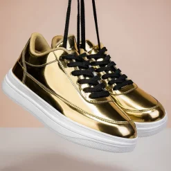 Clearance OUKU Men's Gold Metallic Low-Top Sneakers – Stylish Lace-Up Shoes with White Non-Slip Sole for Casual and Party Wear
