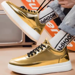 Clearance OUKU Men's Gold Metallic Low-Top Sneakers – Stylish Lace-Up Shoes with White Non-Slip Sole for Casual and Party Wear