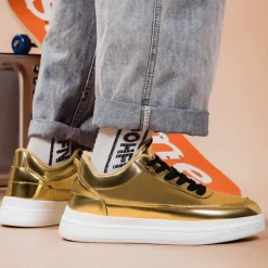 Clearance OUKU Men's Gold Metallic Low-Top Sneakers – Stylish Lace-Up Shoes with White Non-Slip Sole for Casual and Party Wear