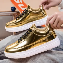 Clearance OUKU Men's Gold Metallic Low-Top Sneakers – Stylish Lace-Up Shoes with White Non-Slip Sole for Casual and Party Wear