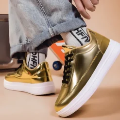 Clearance OUKU Men's Gold Metallic Low-Top Sneakers – Stylish Lace-Up Shoes with White Non-Slip Sole for Casual and Party Wear