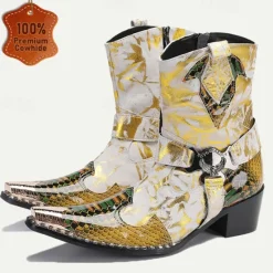 New OUKU Men's Gold Snakeskin Leather Motorcycle Boots – Western Style Pointed Toe Ankle Boots with Buckle Straps and Bold Metallic Accents Yellow