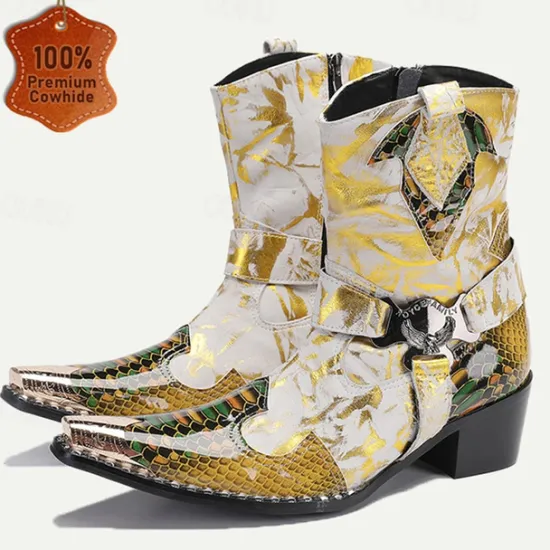 New OUKU Men's Gold Snakeskin Leather Motorcycle Boots – Western Style Pointed Toe Ankle Boots with Buckle Straps and Bold Metallic Accents Yellow