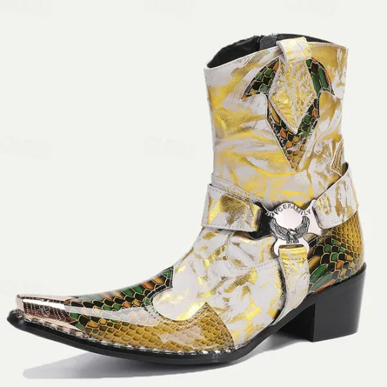 New OUKU Men's Gold Snakeskin Leather Motorcycle Boots – Western Style Pointed Toe Ankle Boots with Buckle Straps and Bold Metallic Accents Yellow