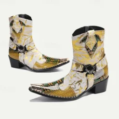 New OUKU Men's Gold Snakeskin Leather Motorcycle Boots – Western Style Pointed Toe Ankle Boots with Buckle Straps and Bold Metallic Accents Yellow