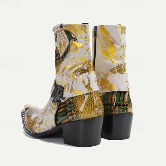 New OUKU Men's Gold Snakeskin Leather Motorcycle Boots – Western Style Pointed Toe Ankle Boots with Buckle Straps and Bold Metallic Accents Yellow