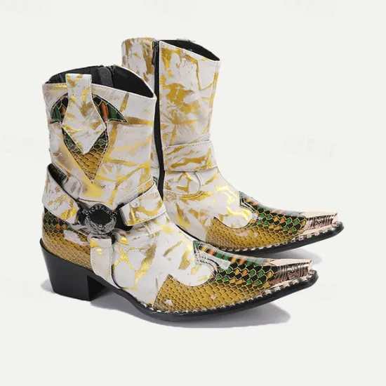 New OUKU Men's Gold Snakeskin Leather Motorcycle Boots – Western Style Pointed Toe Ankle Boots with Buckle Straps and Bold Metallic Accents Yellow