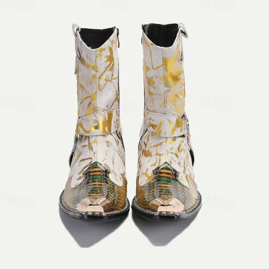 New OUKU Men's Gold Snakeskin Leather Motorcycle Boots – Western Style Pointed Toe Ankle Boots with Buckle Straps and Bold Metallic Accents Yellow