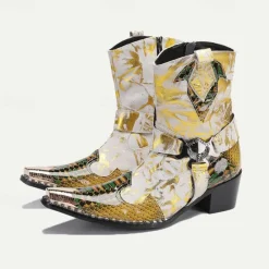 New OUKU Men's Gold Snakeskin Leather Motorcycle Boots – Western Style Pointed Toe Ankle Boots with Buckle Straps and Bold Metallic Accents Yellow