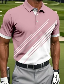 Hot OUKU Men's Golf Line Polo Sports Polo Shirts Short Sleeve Polo Shirts Collared Shirts Casual Athleisure Buttons Summer Black Pink Blue