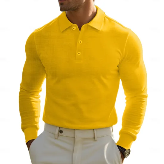 Sale OUKU Men's Golf Polos Shirts Waffle Knit Polo Shirt Business Casual Classic Long Sleeve Fashion Basic Solid Color Buttons Knitting Fall Winter Regular Fit Retro Red White Yellow Sky Blue Grey Golf Polos