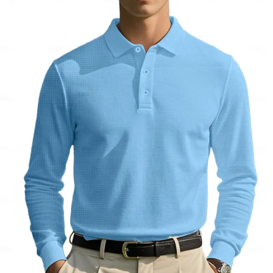 Sale OUKU Men's Golf Polos Shirts Waffle Knit Polo Shirt Business Casual Classic Long Sleeve Fashion Basic Solid Color Buttons Knitting Fall Winter Regular Fit Retro Red White Yellow Sky Blue Grey Golf Polos