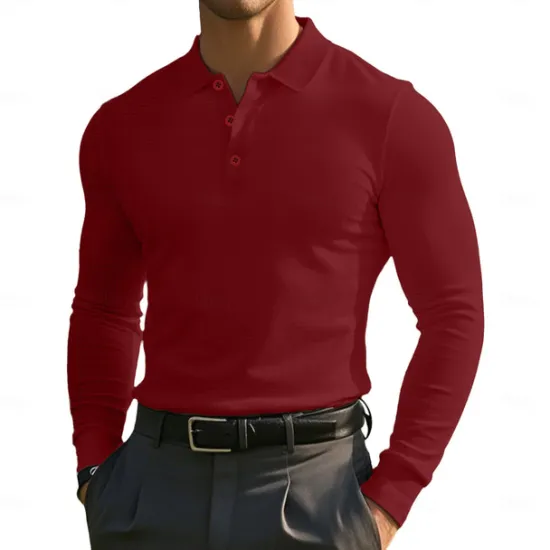 Sale OUKU Men's Golf Polos Shirts Waffle Knit Polo Shirt Business Casual Classic Long Sleeve Fashion Basic Solid Color Buttons Knitting Fall Winter Regular Fit Retro Red White Yellow Sky Blue Grey Golf Polos