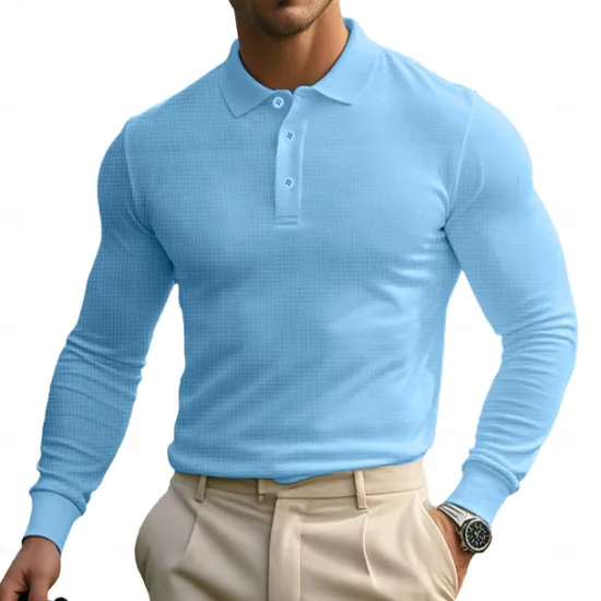 Sale OUKU Men's Golf Polos Shirts Waffle Knit Polo Shirt Business Casual Classic Long Sleeve Fashion Basic Solid Color Buttons Knitting Fall Winter Regular Fit Retro Red White Yellow Sky Blue Grey Golf Polos