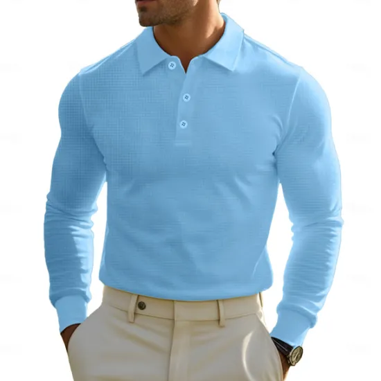 Sale OUKU Men's Golf Polos Shirts Waffle Knit Polo Shirt Business Casual Classic Long Sleeve Fashion Basic Solid Color Buttons Knitting Fall Winter Regular Fit Retro Red White Yellow Sky Blue Grey Golf Polos