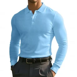 Sale OUKU Men's Golf Polos Shirts Waffle Knit Polo Shirt Business Casual Classic Long Sleeve Fashion Basic Solid Color Buttons Knitting Fall Winter Regular Fit Retro Red White Yellow Sky Blue Grey Golf Polos