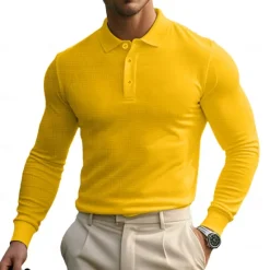Sale OUKU Men's Golf Polos Shirts Waffle Knit Polo Shirt Business Casual Classic Long Sleeve Fashion Basic Solid Color Buttons Knitting Fall Winter Regular Fit Retro Red White Yellow Sky Blue Grey Golf Polos