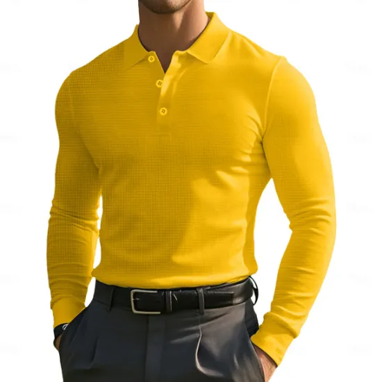 Sale OUKU Men's Golf Polos Shirts Waffle Knit Polo Shirt Business Casual Classic Long Sleeve Fashion Basic Solid Color Buttons Knitting Fall Winter Regular Fit Retro Red White Yellow Sky Blue Grey Golf Polos
