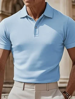 Online OUKU Men's Golf Polos Shirts Work Casual Lapel Short Sleeve Basic Modern Plain Buttons Summer Spring Regular Fit Black White Navy Blue sky blue Dark Green Khaki Golf Polos Shirts